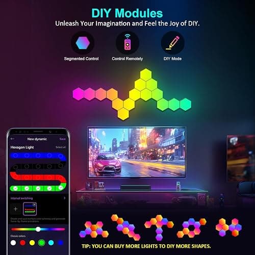 COLWINKU Hexagon Lights Gaming with Remote & App Control, 12 Pack RGB Led Hex Light Panels, Geometry Night Lamp DIY Hexagon Smart Wall Lights Sync to Music for Room Bar Decor Gaming Setup thumbnail 2