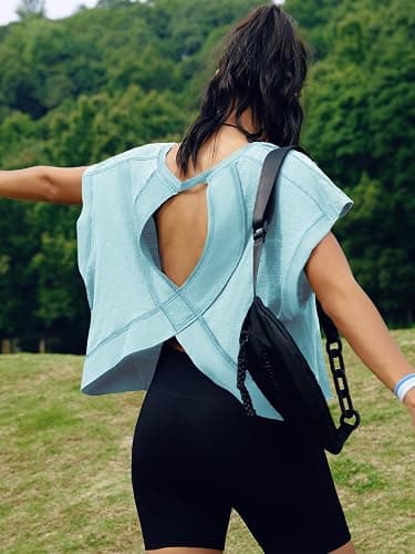 SENSERISE Womens Open Back Workout Tops Backless Short Sleeve Athletic Shirt Running Crop Top Gym Yoga Tee thumbnail 4