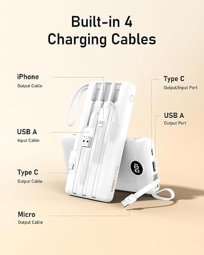 VEEKTOMX Portable Charger Built-in Cables, 10000mAh Power Bank for iPhone, Fast Charge USB C Battery Pack Travel Essentials Powerbank Compatible with iPhone 17/16/15/14, Samsung S25/24, Android, etc thumbnail 3