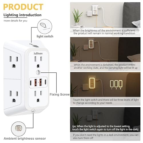 Wall Outlet Extender with Night Light, Power Plug Adapter 6 Outlet Extender with 4 USB Charging Ports 1050J Power Strip Multi Plug Adapter Spaced for Home Travel Office (2U2C)-ETL thumbnail 2