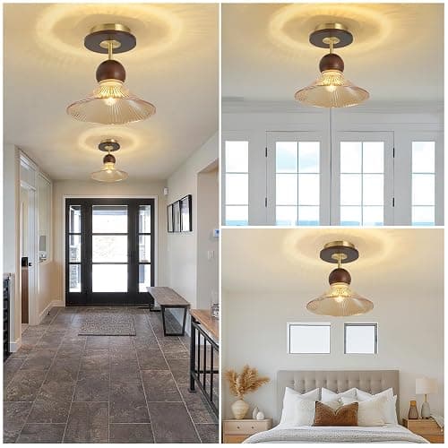 Brown Glass Wood Brass Semi Flush Mount Ceiling Light Vintage Hallway Light Fixture, Mid Century Modern Farmhouse Ceiling Mount Lamp Light Fixture for Bedroom Kitchen Entryway Laundry Room Porch Foyer thumbnail 8