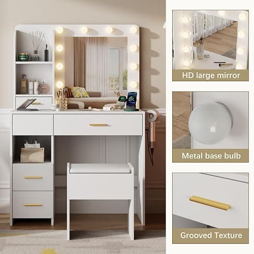 Furnivado Vanity Desk with Mirror and Lights, 3 Adjustable Lighting Makeup Vanity Desk with 3 Storage Shelves, 5 Large Drawers and Power Outlet, Vanity with Chair for Bedroom, White thumbnail 6