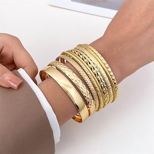 10 Pack Gold Bangles for Women,Stackable Bracelet Set,Stylish Boho Gold Bracelet Stack,Women Jewellery, Diameter: 2.6-2.7in/6.8-7cm thumbnail 5