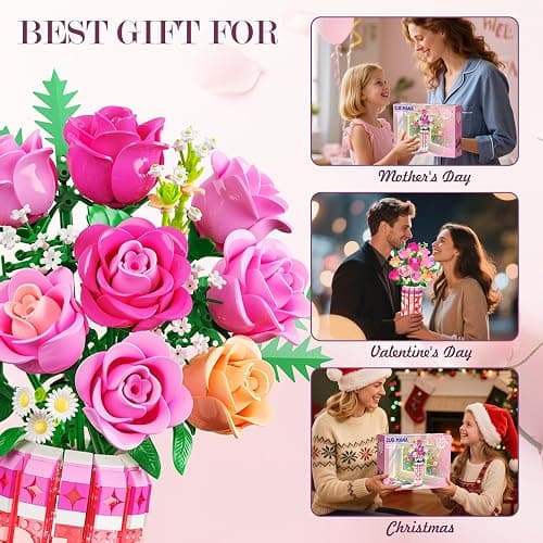 CUBIMANA Romantic Pink Roses Bouquet Building Set with Vase & LED Light, 845PCS Flowers Botanical 3.6MM Mini Building Blocks Toys, Gifts for for Her, Artificial Flowers for Office Home Decor & Display thumbnail 9