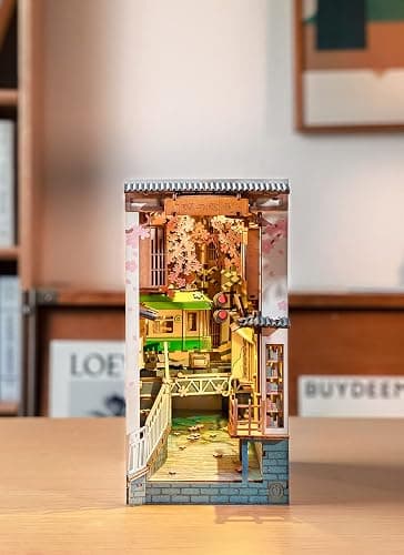 ROBOTIME DIY Book Nook Kit DIY Miniature Dollhouse Booknook Kit 3D Wooden Puzzle with LED Light,Decorative Bookend Bookshelf Insert Decor for Teens and Adults (Sakura Tram) thumbnail 4