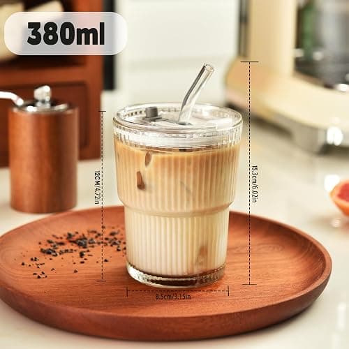 Haundry 14 oz Ribbed Glass cups with Lids and Straws, 2 Pack Iced Coffee Cups, Thickened Glassware Set, Ripple Design Glass Cups for Coffee, Soda, Smoothies, Cocktails and Juice thumbnail 3