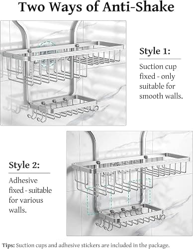 YASONIC Shower Caddy Hanging - Never Rust Shower Organizer - Aluminum Over The Head Caddy with 10 Hooks for Razor/Sponge - Rack with Soap Basket - Silver thumbnail 6