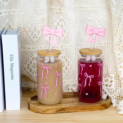 Mason Life Coquette Pink Bow Cute Glass Cups with Lids and Straw 18OZ Cute Tumbler Glass Cup with Keychain and Straw Cover for Iced Coffee Smoothie Cocktail Matcha Teen Girls Trendy Gift Preppy Stuff - Canglass-Cherry-bow thumbnail 6