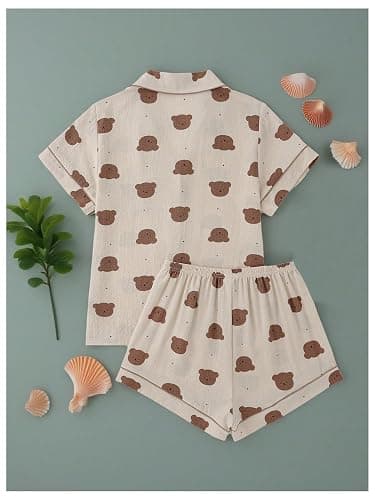 BEAUDRM Women's Two Piece Pajama Sets Allover Print Short Sleeve Sleepwear Button Down Shirt and Bow Shorts Pj Set Loungewear thumbnail 2