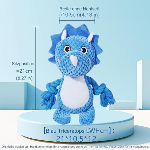 (1 Pack) Blue triceratops plush dog toy w squeaker thumbnail 2