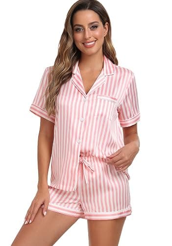 Serenedelicacy Women's Satin Pajama Set 2-Piece Sleepwear Loungewear Button Down Short Sleeve Silky PJ Set thumbnail 4
