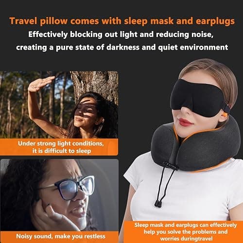 MLVOC Neck Pillow for Traveling, Upgraded 100% Pure Memory Foam Travel Neck Pillow for Airplane Flight Sleep, Breathable & Machine Washable Cover, Travel Kit with 3D Eye Mask, Earplugs & Bag, Black thumbnail 4
