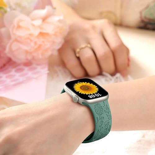 6 Pack Floral Engraved Bands Compatible with Apple Watch for Women | Cute Silicone Straps for Series 12 11 10 9 8 7 6 5 4 SE 3/2/1 Ultra, Wristband for iWatch 42mm 40mm 41mm 38mm 44mm 45mm 46mm thumbnail 6