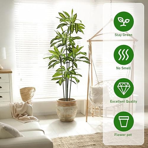 Giegxin 2 Pack 6 FT Artificial Dracaena Tree, Indoor Fake Tree with Black Stable Planter, Natural Wood Trunk & Lifelike Leaves Dracaena Plants for Home Living Room Porch Office Housewarming Gift thumbnail 4