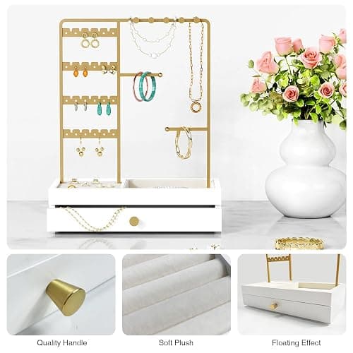 Goozii Gold Jewelry Stand Organizer Necklace Holder, Birthday Gifts for Women Girls, Small Jewelry Stand for Earrings Rings Bracelets, Velvet Jewelry Hanger Tree, Mothers Day Gifts - White and Gold thumbnail 6
