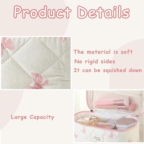 RSRSLEII Large Quilted Makeup Bag for Women and Girls, Cute Coquette Floral Cotton Cosmetic Bag, Aesthetic Travel Organized Toiletry Bags (07White Pink Bows) thumbnail 4