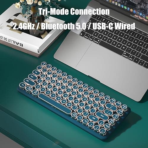 TISHLED Typewriter Keyboard Wireless 2.4GHz/Bluetooth/USB-C Wired Mechanical Gaming Keyboard Warm White LED Backlit 84-Key NKRO Hot Swappable Green Switches Retro Round Keycaps for Multi-Device thumbnail 2