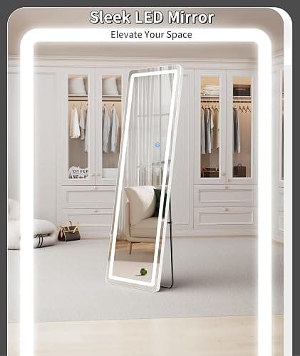 Koonmi LED Full Length Mirror, 56"x20" Full Length Mirror with Lights, Lighted Floor Mirrors with Stand, Full Body Mirrors with Dimming & 3 Color Lightingfor Living Room Cloakroom, White thumbnail 3