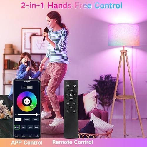 OUTON Tripod Floor Lamp with Shelves, Mid Century Dimmable Wood Floor Lamp with Remote Control, 4 Color Temperatures, Standing Tall Lamp with Linen Shade for Living Room, Bedroom, Office, Oak Hardwood thumbnail 2