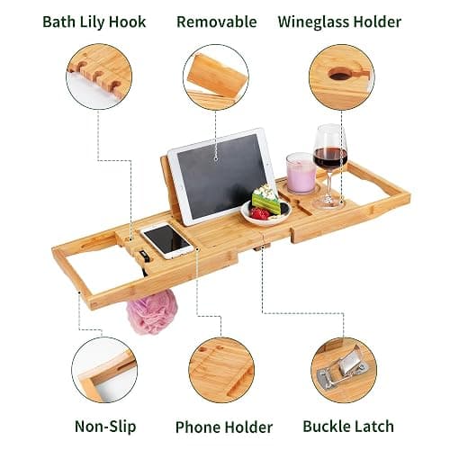 Utoplike Bamboo Bathtub Trays Caddy Bath Tray for Tub, Adjustable Bathroom Bathtub Organizer with Book Tablet Wine Cup Towel Holder, Bathroom Trays thumbnail 6