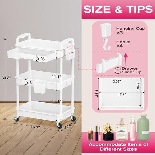 Goovilla Rolling Makeup Organizer Cart with Removable Drawer, 3 Tier White | Stable Floor Skincare Storage Cart for Vanity, Cosmetic Display, Nail Polish, Perfume, Hair Stuff, Beauty, Bathroom(Plastic) thumbnail 2