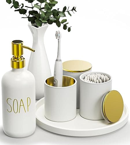 White Bathroom Accessories Set with Tray, 6pcs White and Gold Bathroom Accessory Sets, Glass Soap Dispenser and Toothbrush Holder Set, Qtip Holder, Ceramic Flower Vase, Bathroom Set Decor - Image 1