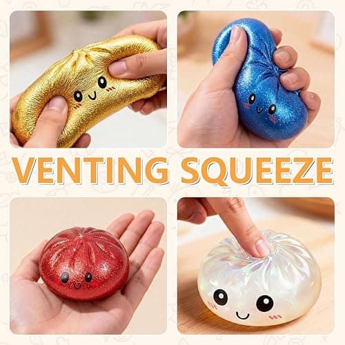 Glitter Dumpling Squishy Box, Dumpling Squishies, Sensory Squeeze Toy for Stress Relief, Soft Decompression Dough for Adults Office and Home Use (Blue Emoji bun) thumbnail 3