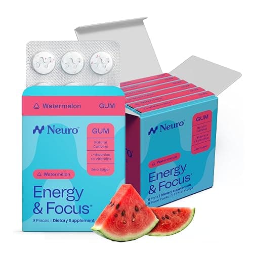 Neuro Energy & Focus Gum - 20mg Natural Caffeine Gum & Nootropic Energy Supplement with L-Theanine & B Vitamins - Sugar Free, Vegan - Watermelon, 54ct - Image 1