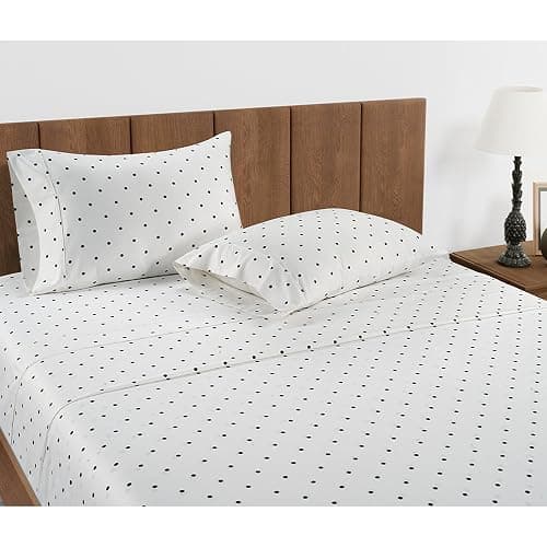 450 TC 100% Cotton Printed Polka Dot Queen Sheets, Soft Sateen Weave, Deep Pocket Queen Sheets for 15” Mattress, Mercerized Cotton Fully Elasticized Luxury Hotel Bedding, Polka Dot - Black thumbnail 3