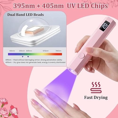 Ziumrw Handheld UV Nail Light for Gel Nails, Flash Cure Nail Lamp with LED Display, Mini Led Nail Lamp Pen Settings 20/60s Timer, Hand Held Nail Light for Glue Polish Home Salon DlY, Pink thumbnail 8