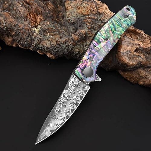 AUBEY Damascus Pocket Knife for Women Men, Sharp 3.23" Damascus Steel Blade Knife with Clip, EDC Hunting Knives with Abalone Shell Handle, Gift for Camping Outdoor thumbnail 2