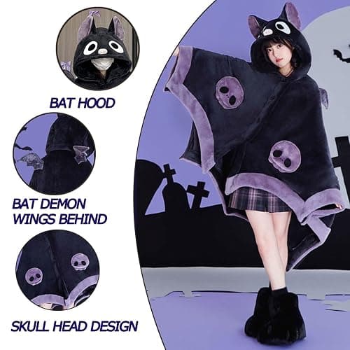 Cute Halloween Wearable Blanket Hoodie Free Size for Adults Devil Bat Hooded Blanket Oversized Soft Sherpa Hoodie Women Throw Cloak Wrap with Demon Wings for Men Child Student,A thumbnail 4