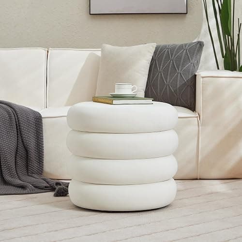 Zibeths Round Velvet Storage Ottoman with Removable Lid, Small Tufted Vanity Stool for Dorm, Modern Compact Footrest for Bedroom Entryway Lounge, White thumbnail 3
