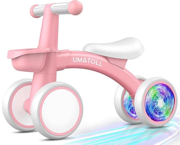 Umatoll Colorful Lighting Baby Balance Bike Toys for 1 Year Old Girl Gifts, Adjustable Seat, First Birthday Gifts, 12-24 Months Toddler Bike, Pink - Image 1