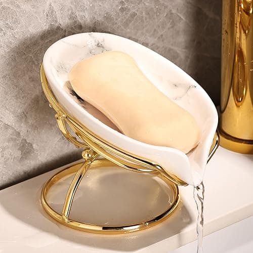 Leaf-Shaped Ceramic Soap Dish with Drain, Holder, Saver, Tray, Bar Soap Holder, Easy Cleaning, for Shower Bathroom Kitchen Sink Bathtub, Pro-Environment White - Image 1