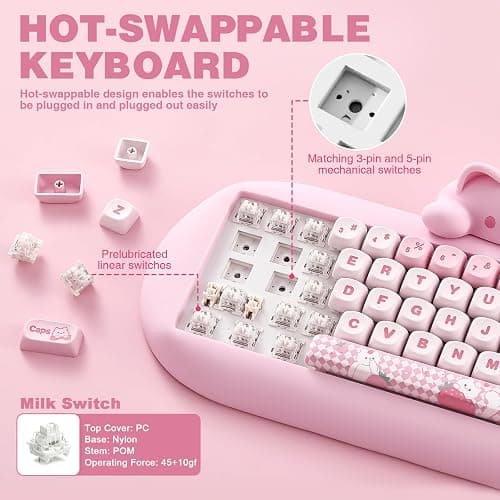 YUNZII C68 Wireless Mechanical Keyboard,65% Layout,Hot Swap,Triple Mode BT5.0/2.4G/Wired, RGB Backlit NKRO,Cute Cat Silicone Ergonomic Design for Win/Mac (Pink, Milk Switch) thumbnail 6