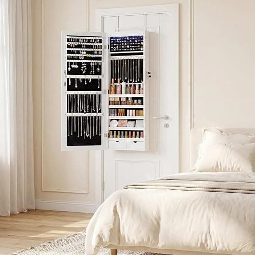 DUMOS 6 LEDs Mirror Jewelry Cabinet, Wall or Door Mounted Jewelry Organizer, 47.2-Inch Tall Lockable Large Capacity Cosmetic Storage, Gift Idea thumbnail 7