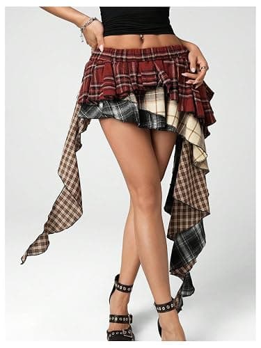 SOLY HUX Women's Plaid Skirt Y2k A Line Layered Asymmetrical Hem Ruffle Mini Skirts with Shorts Underneath thumbnail 4