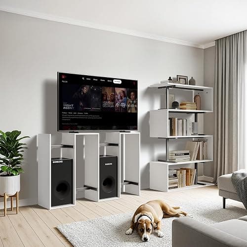 GRUSIGN 5-Tier White Geometric Bookshelf, S Shaped Bookcase,Wood Decorative Storage Shelving,Modern Freestanding Display Shelves for Office,Bedroom,Living Room, 31.5" W x 58.3" H thumbnail 4