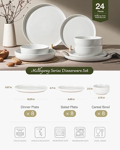 Famiware Milkyway Dinnerware Sets, 24 Piece Dish Set, Plates and Bowls Sets for 8, White thumbnail 3
