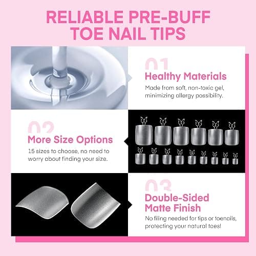 UNA GELLA Square Toe Nail Tips 216Pcs 15Sizes Full Cover Long Wider Toe Nail Tips Soft Gel Pre-etched Double Matte Fake Toe Nails Press Ons For Big Toe Nail Extensions Home DIY Nail Salon Soak Off thumbnail 4