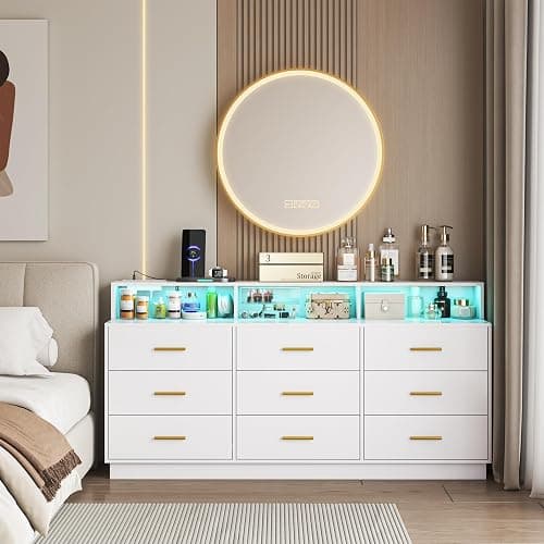 knoworld White 9 Drawer Dressers for Bedroom, Modern Large Dresser with LED Light and Power Outlet, Wooden Long Dresser, Triple Dressers for Bedroom, Living Room, Entryway, Hallway thumbnail 8