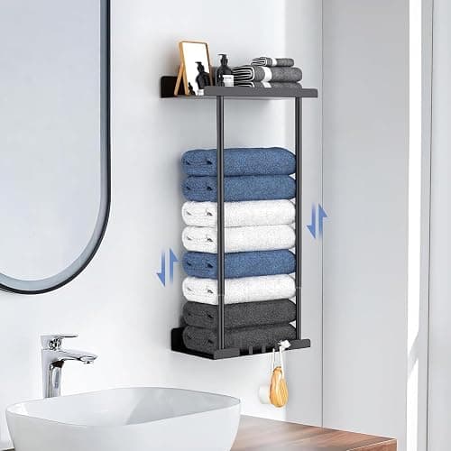 Towel Racks for Bathroom, No Drilling Towel Holder Towel Rack, Towel Storage Wall Mounted, Adjustable Towel Rack Bathroom Storage, Bathroom Towel Shelf for Rolled or Folded Towels, Black thumbnail 7