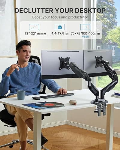 HUANUO Dual Monitor Stand - Full Adjustable Monitor Desk Mount Swivel Vesa Bracket with C Clamp, Grommet Mounting Base for 13 to 32 Inch Computer Screens - Each Arm Holds 4.4 to 19.8lbs thumbnail 2