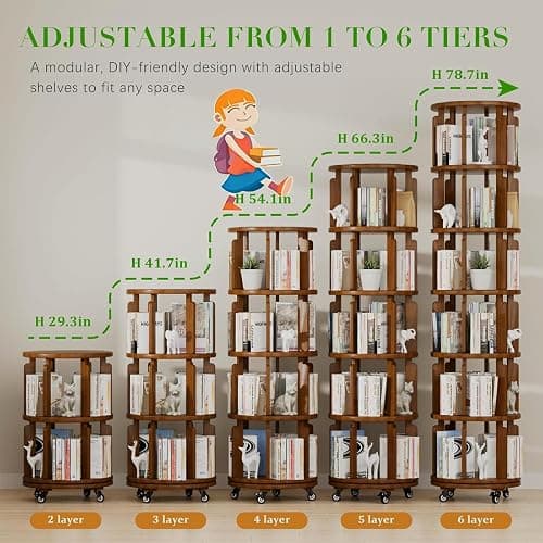 Azlafu 6 Tier 360° Rotating Solid Wood Bookshelf with Wheels, Lazy Susan Circular Spinning Revolving Corner Bookcase, Freestanding Storage Shelf for Bedroom Small Space, Walnut thumbnail 4