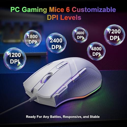 LEWENTECH Gaming Mouse 6 Adjustable DPI Up to 7200 Wired PC Gaming Mouse 8 Programmable Buttons 13 Adjustable RGB LED Modes 1.5 M Drag-Free Paracord Ergonomic Mouse Windows/PC/Mac/Laptop (White) thumbnail 2