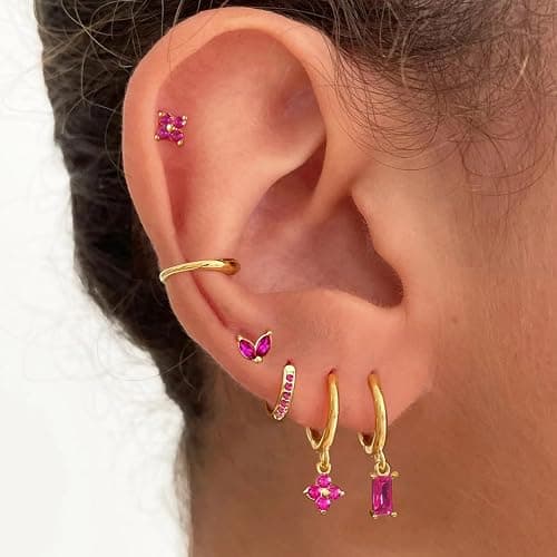 FIRSAUKI Earring Sets for Multiple Piercing Small Gold Earring Stack 14K Gold/Silver Plated Huggie Hoop Earrings for Women Hypoallergenic Cartilage Stud Gold and Green Earring Set - F:Pink CZ thumbnail 4