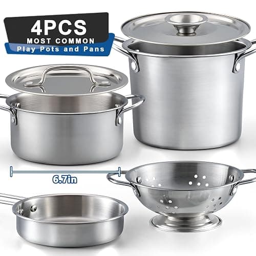 12Pcs Kids Pretend Play Kitchen Accessories Toy Stainless Steel Metal Pots and Pans Playset with Rack Mud Kitchen Accessories Toy Pots and Pans for Kids Toddler Age 3 Years Old thumbnail 3