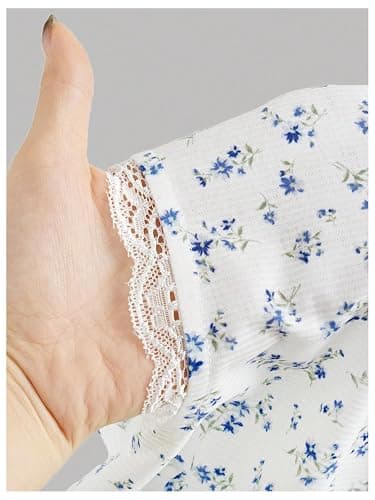 RoseSeek Girl's Ditsy Floral Print Lace T Shirt Short Sleeve Ribbed Ruched Cute Tee Shirts Summer Tops thumbnail 2