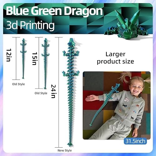 TXB3DOK 24 Inch 3D Printed Articulating Dragon - Giant, Long, and Extra Large Dragon Figure for Home Decor and Gifts (Blue Green, 24 inch) thumbnail 3